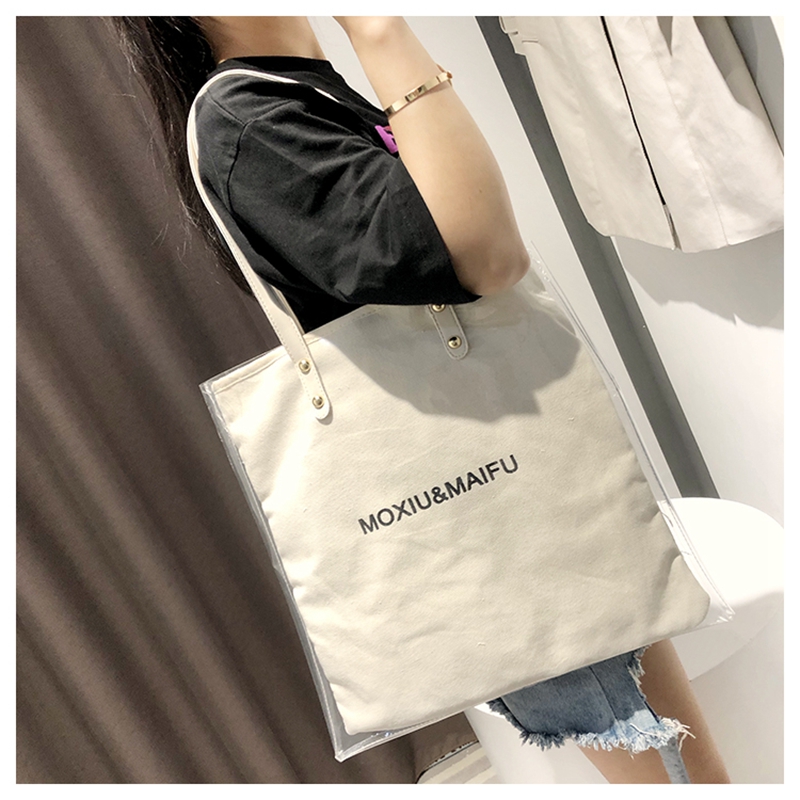 Fashion canvas ladies tote bag with pvc waterproof layer
