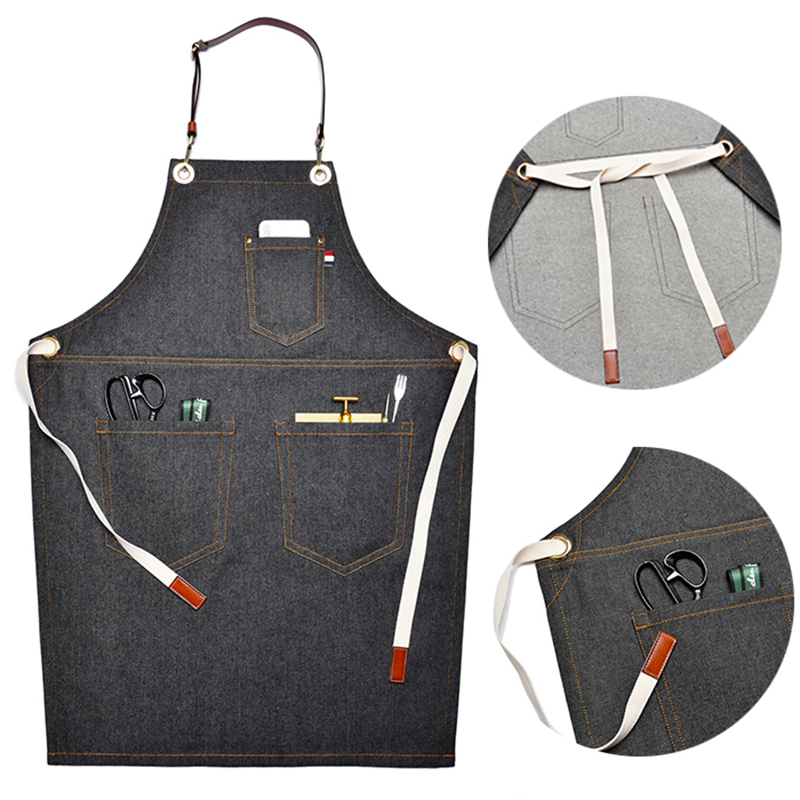 Customized Restaurant Work Uniforms Shop Overalls Denim Apron with Tool Pockets for Barista Barber Custom Logo