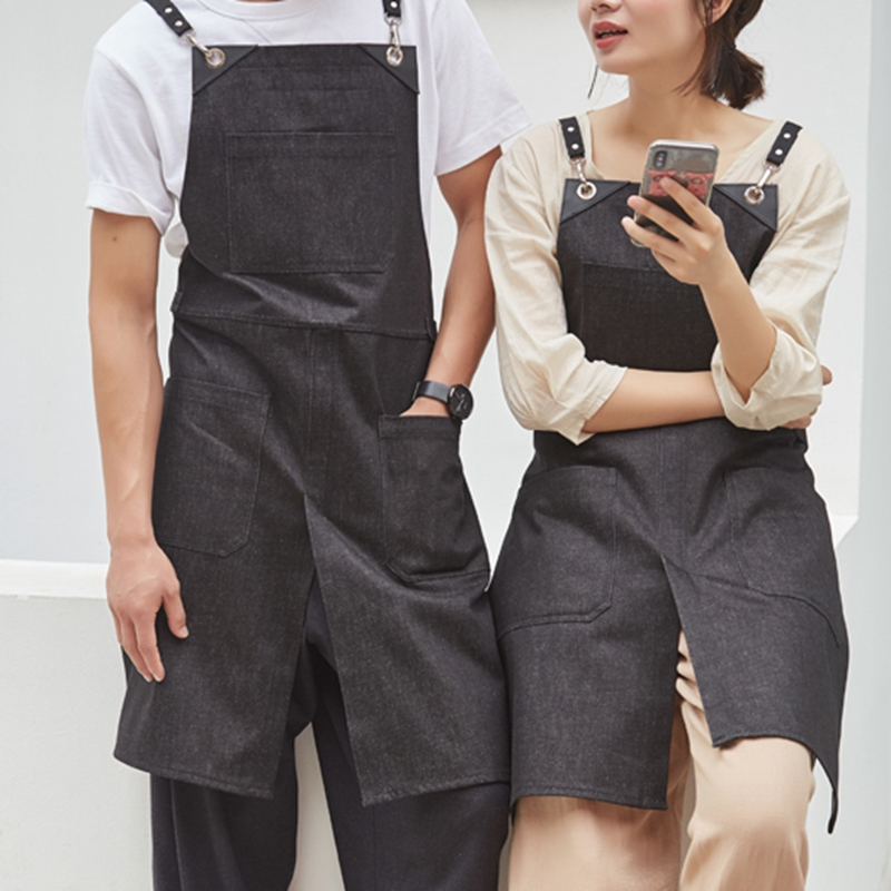 Leather Straps Black Denim Work Apron for Barista Skirt Restaurant Gardening Floral Hair Stylist Salon Overalls Custom Logo