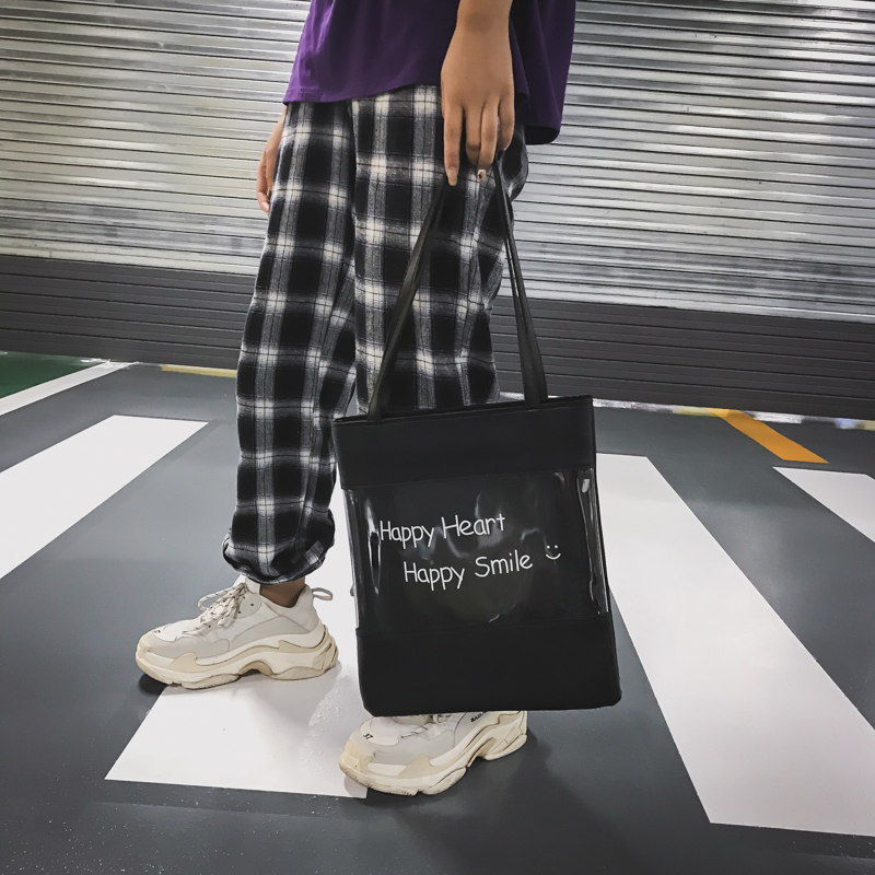 Fashion logo printed custom transparent tote shopping bag pu leather bag for women