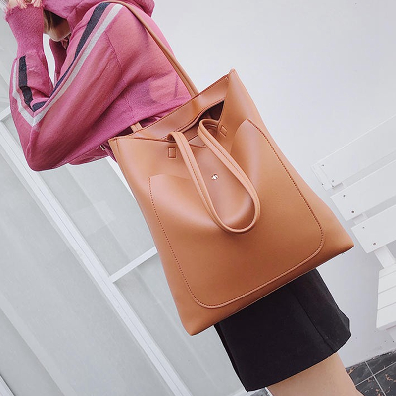 Simple single color lightweight fashion reusable women pu leather tote bag
