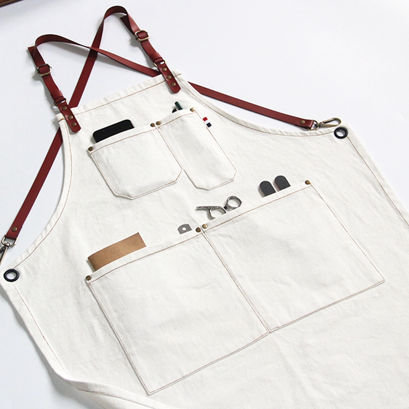 New Design Free Style Fashionable White Cotton Cloth Combine Belts Overalls Apron For Cafe Hotel Bar Restaurant Custom