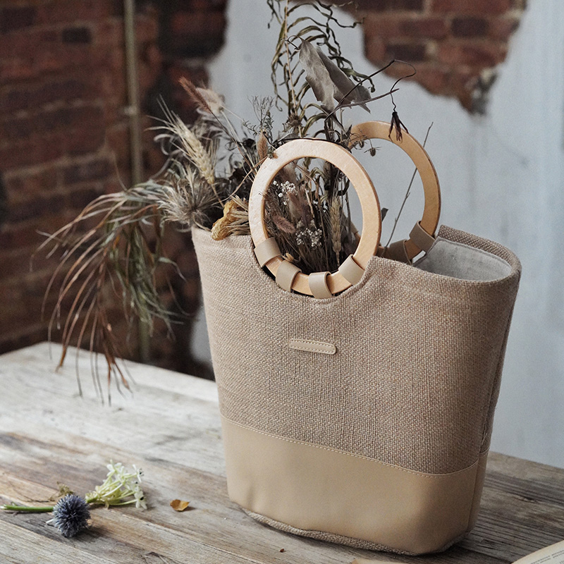 High grand brand new eco friendly breathable linen tote shopping bag with wood handle