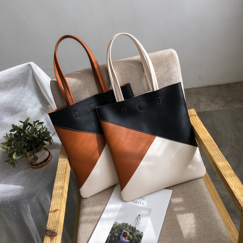 New fashion large capacity bag Korean version of the collision color shoulder bag simple atmosphere soft pu leather bag