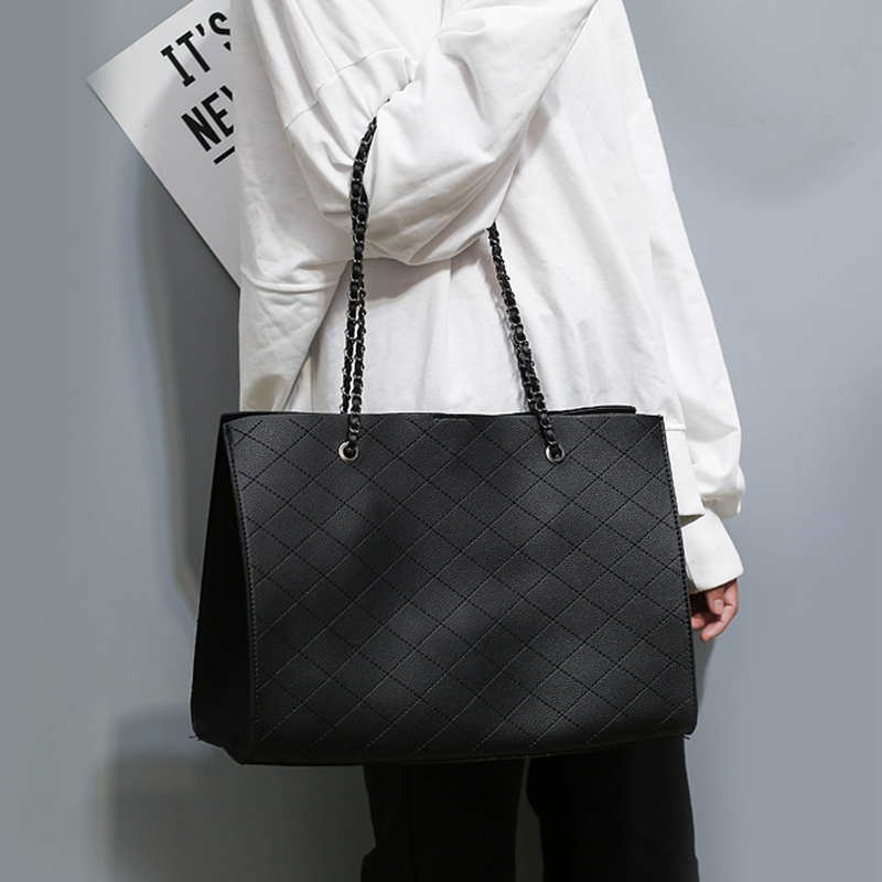 2018 new rhombic high quality chain mother bag black pu tote bag