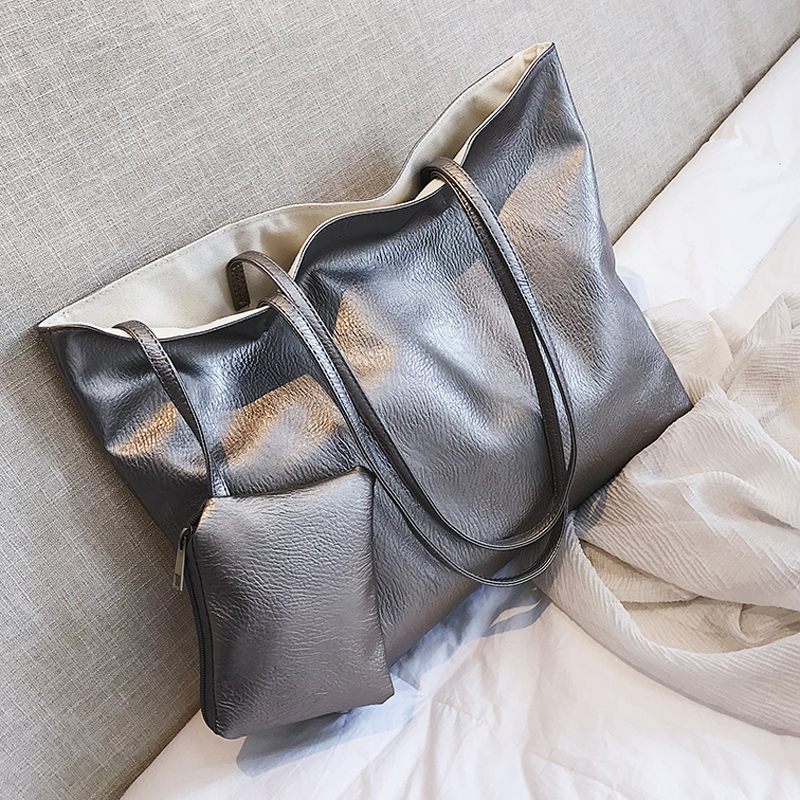 New two color solid color soft leather shopping bag waterproof pu tote bag