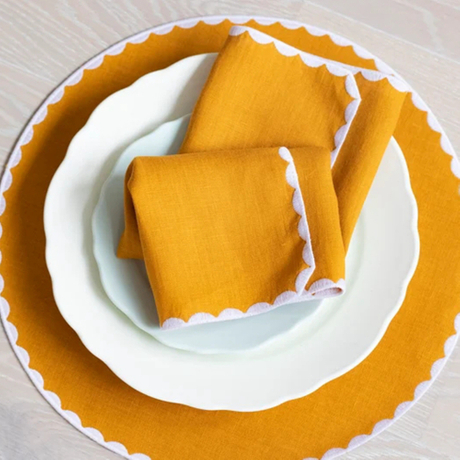Yellow linen cloth scallop napkins wedding party table decor napkins with custom printing design logo 