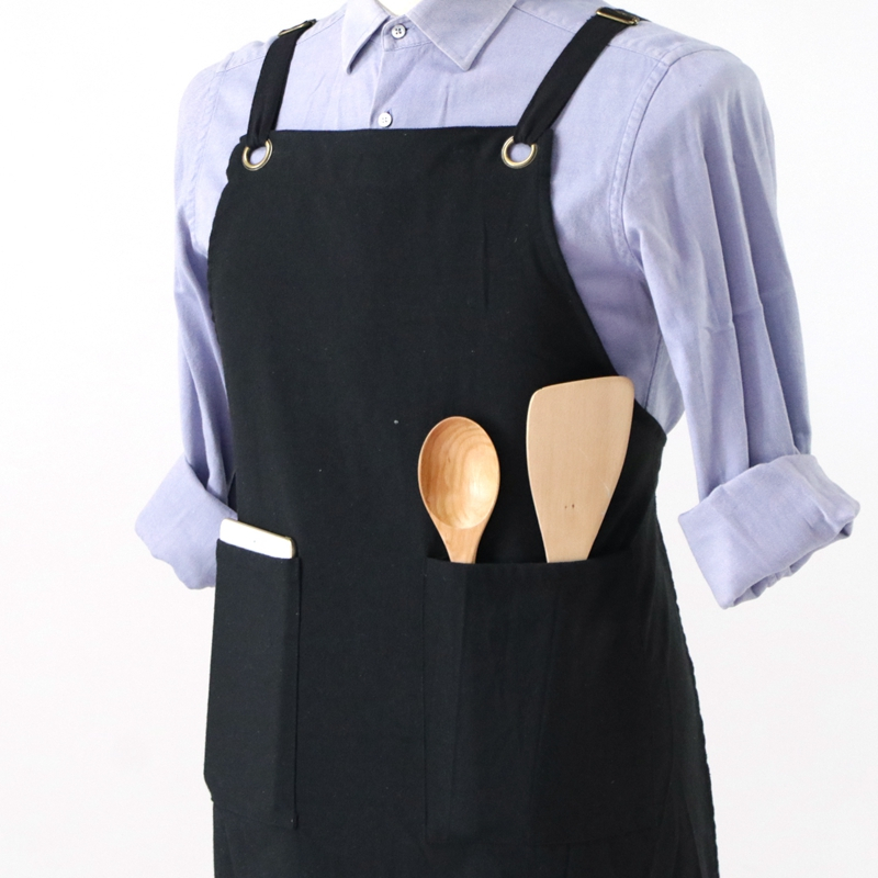 High quality logo printing custom cotton canvas apron black kitchen cooking cotton apron