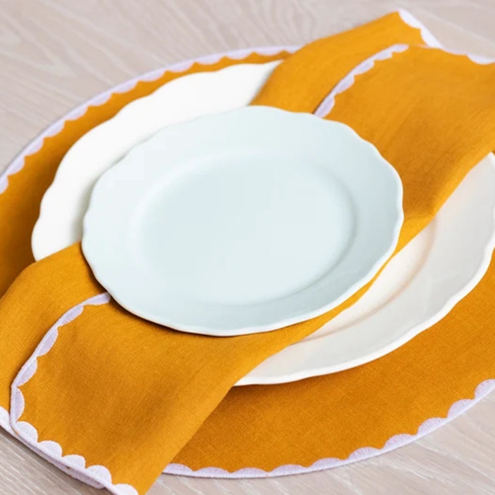 Yellow linen cloth scallop napkins wedding party table decor napkins with custom printing design logo 