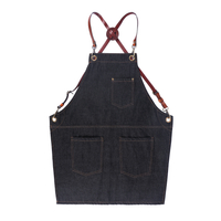 Black durable denim apron fashion design denim apron with leather straps for garden 