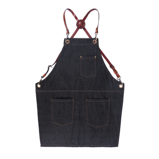 Black durable denim apron fashion design denim apron with leather straps for garden 