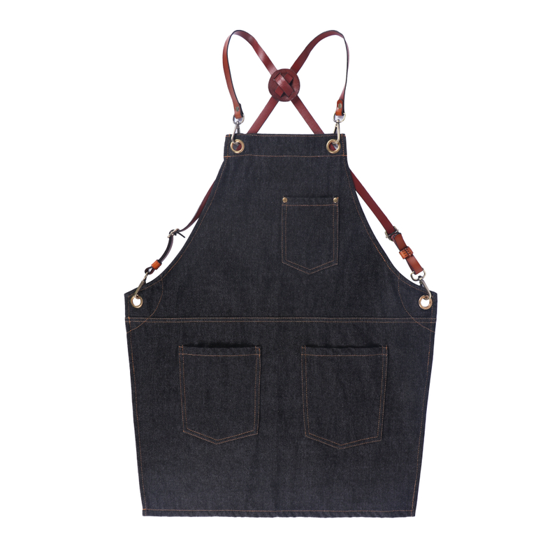 Black durable denim apron fashion design denim apron with leather straps for garden 