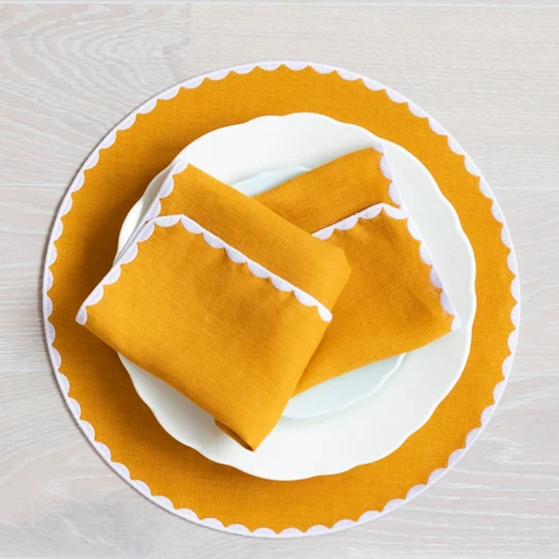 Yellow linen cloth scallop napkins wedding party table decor napkins with custom printing design logo 