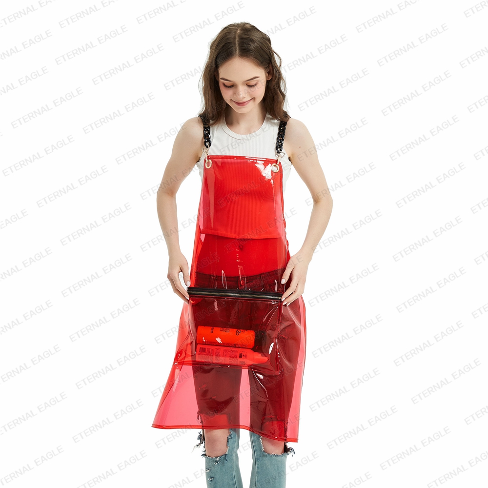 Hot selling fashion clear salon barber apron home kitchen hairdressing tpu apron waterproof with long chain 