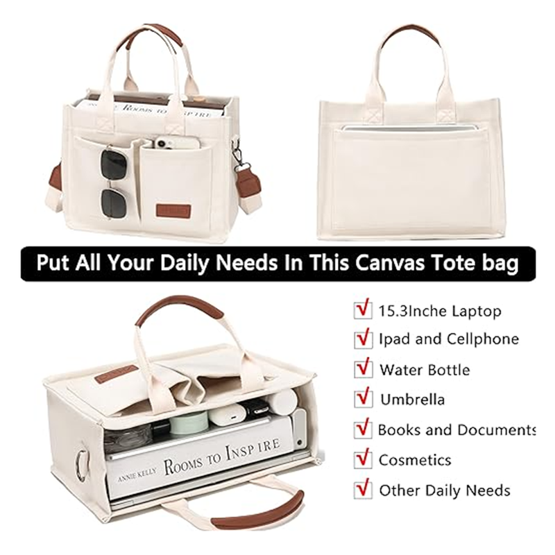 Large Canvas Tote Bag for Women With Pockets Laptop Crossbody Purses Everyday Bag Handbags for Work Beach Gym