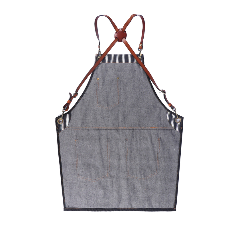 Black durable denim apron fashion design denim apron with leather straps for garden 