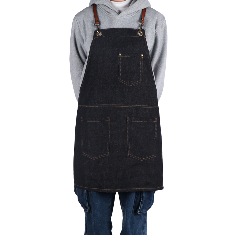 Black durable denim apron fashion design denim apron with leather straps for garden 