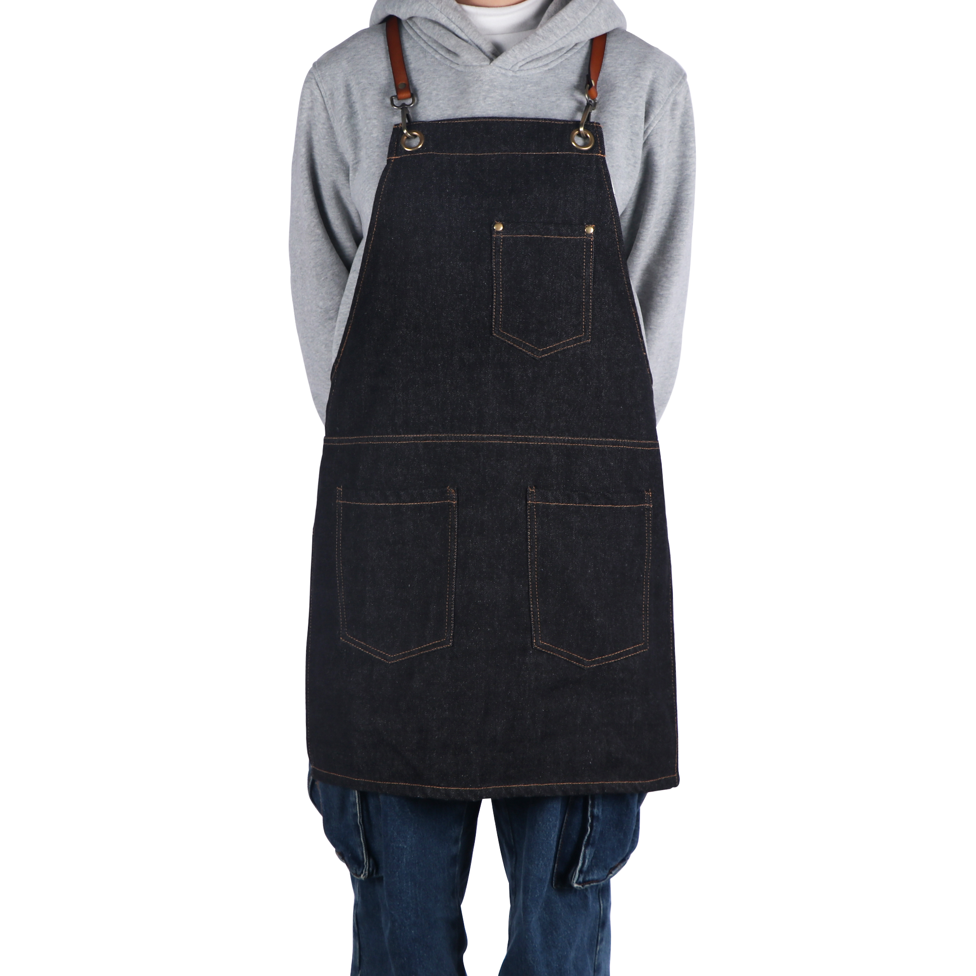 Black durable denim apron fashion design denim apron with leather straps for garden 