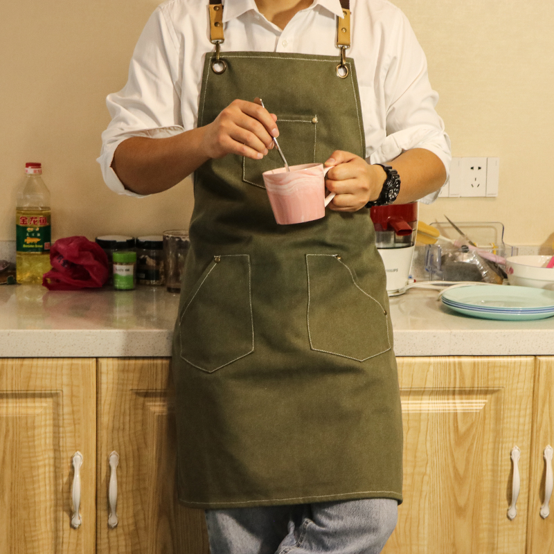  Wholesale customized army green polyester cotton canvas apron barista apron