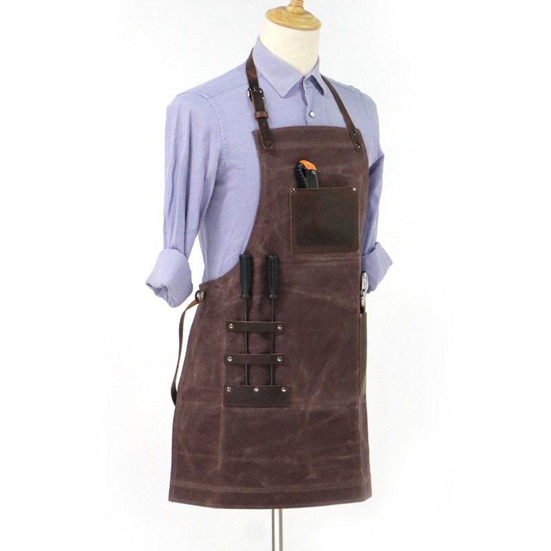 Heavy Duty Wear-resistant And Waterproof Waxed Canvas Apron with Geniune Leather Pockets