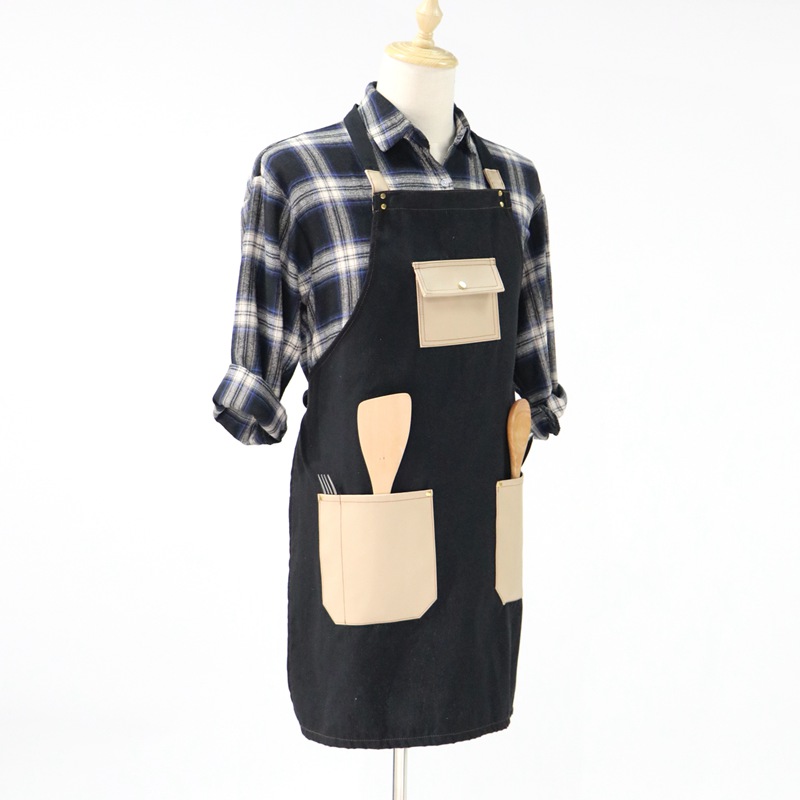 Black Cotton And PU Pocket Design Long Polyester-cotton Canvas Apron