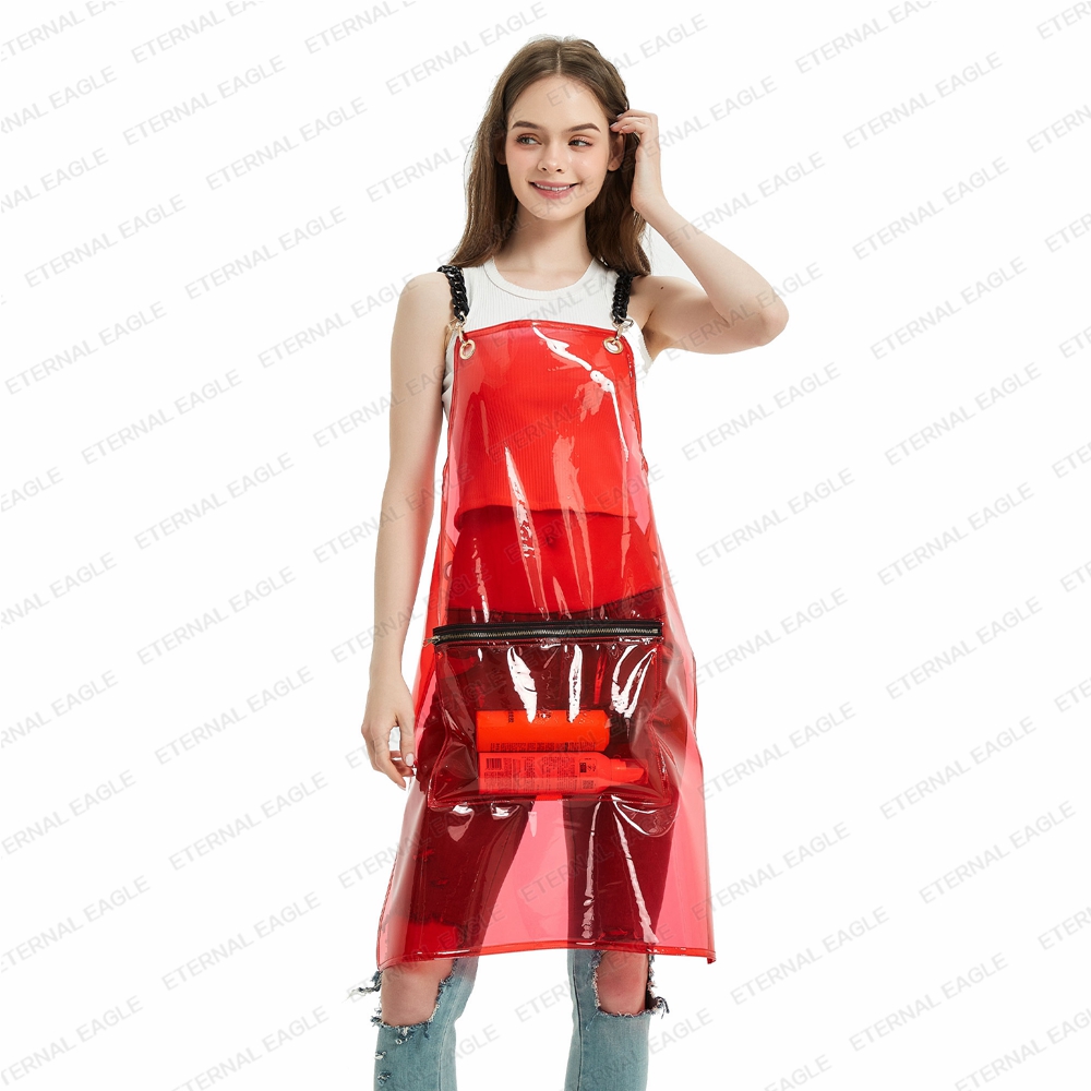 Hot selling fashion clear salon barber apron home kitchen hairdressing tpu apron waterproof with long chain 