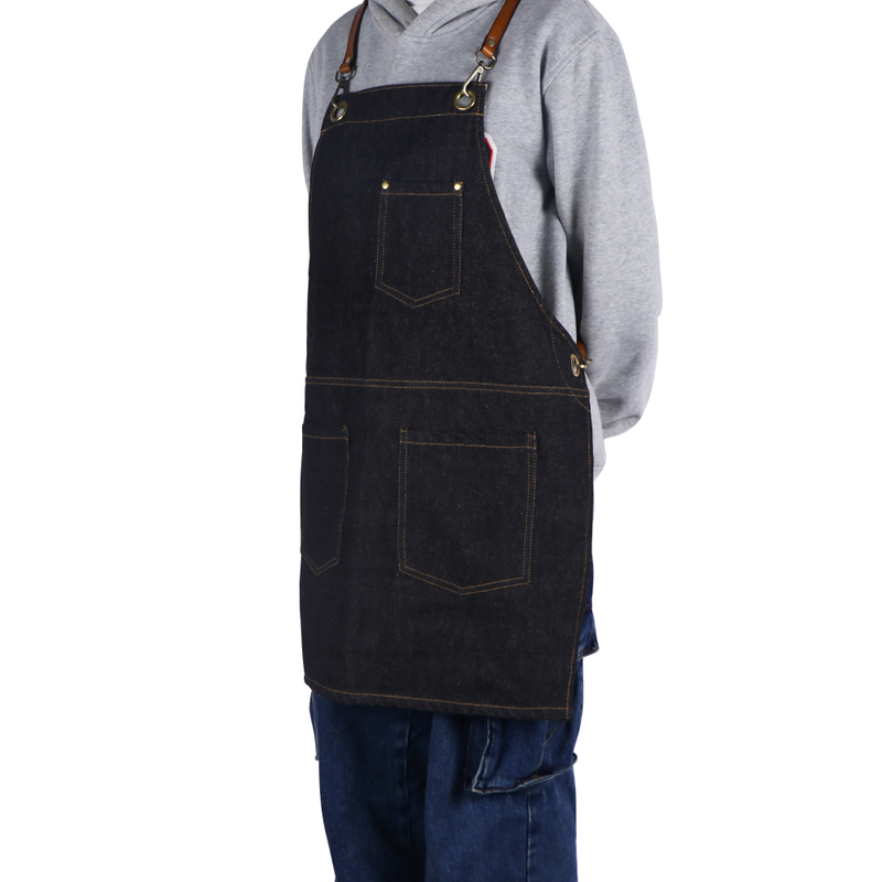 Black durable denim apron fashion design denim apron with leather straps for garden 