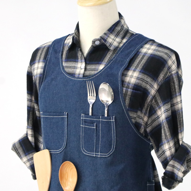 New design vest style denim canvas apron work use mutifunction cotton apron