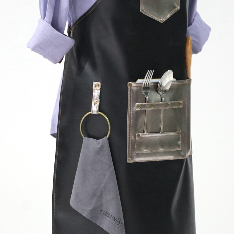 Promotion wholesale soft pu fabric pockets apron with functional pockets