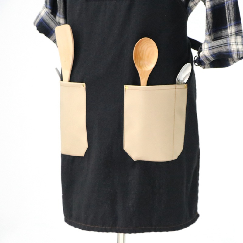 Black Cotton And PU Pocket Design Long Polyester-cotton Canvas Apron