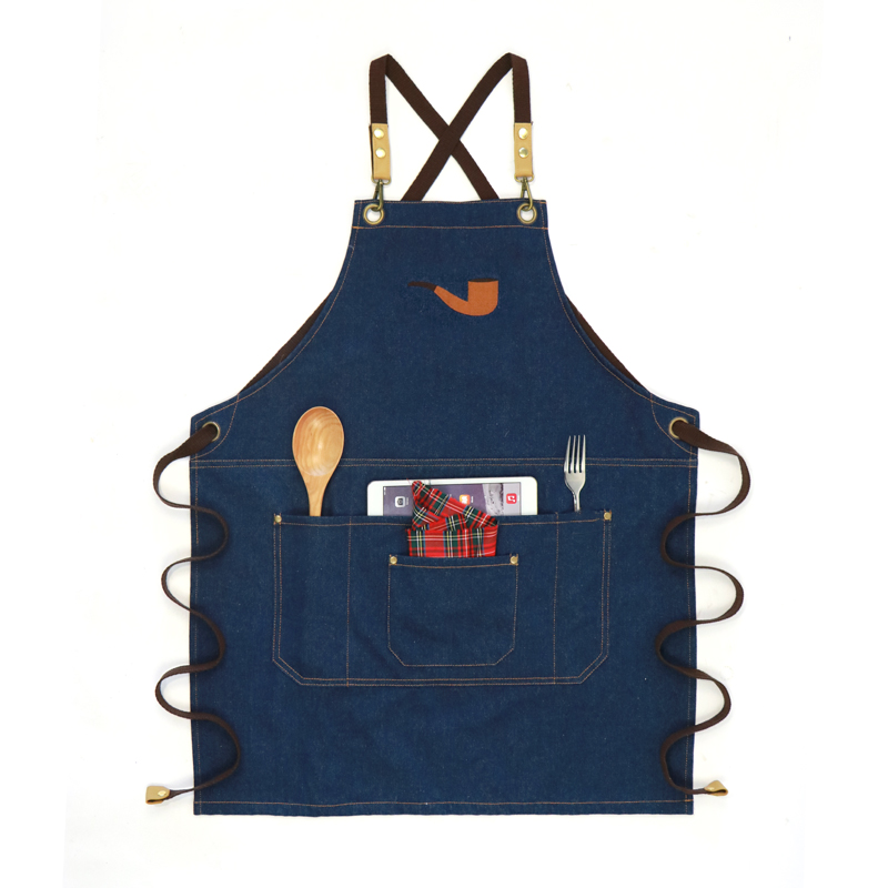 Household Couple Style Embroidery Logo Polyester Cotton Denim Apron with Factory Custom