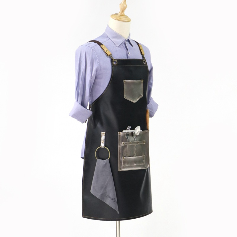 Promotion wholesale soft pu fabric pockets apron with functional pockets