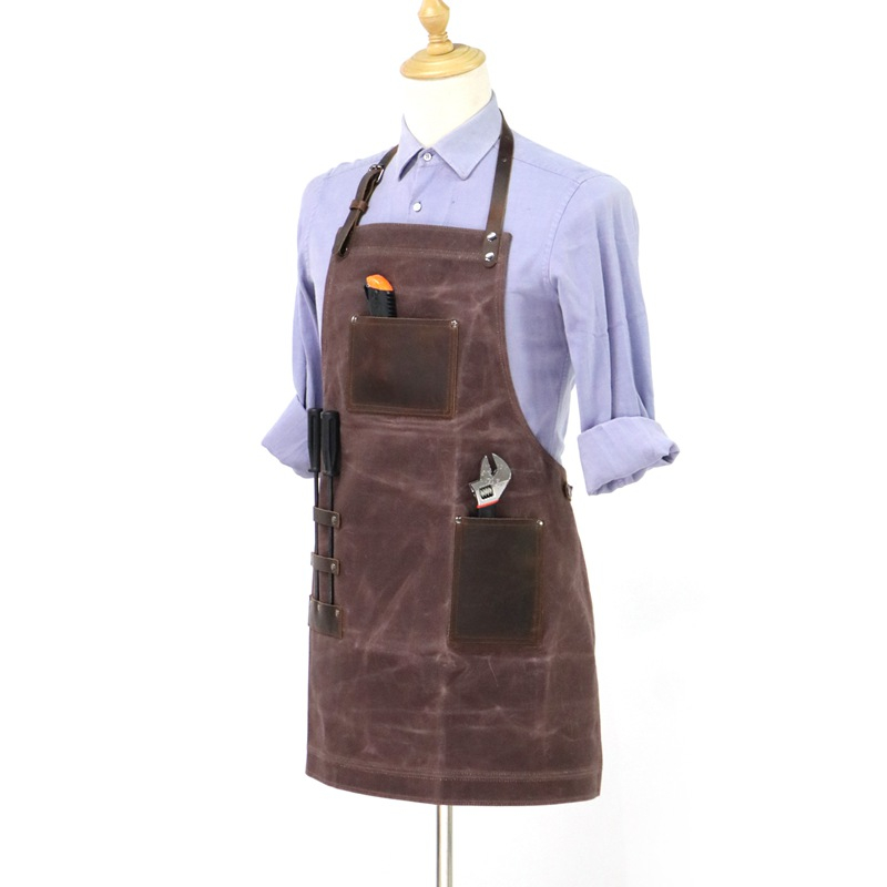 Heavy Duty Wear-resistant And Waterproof Waxed Canvas Apron with Geniune Leather Pockets