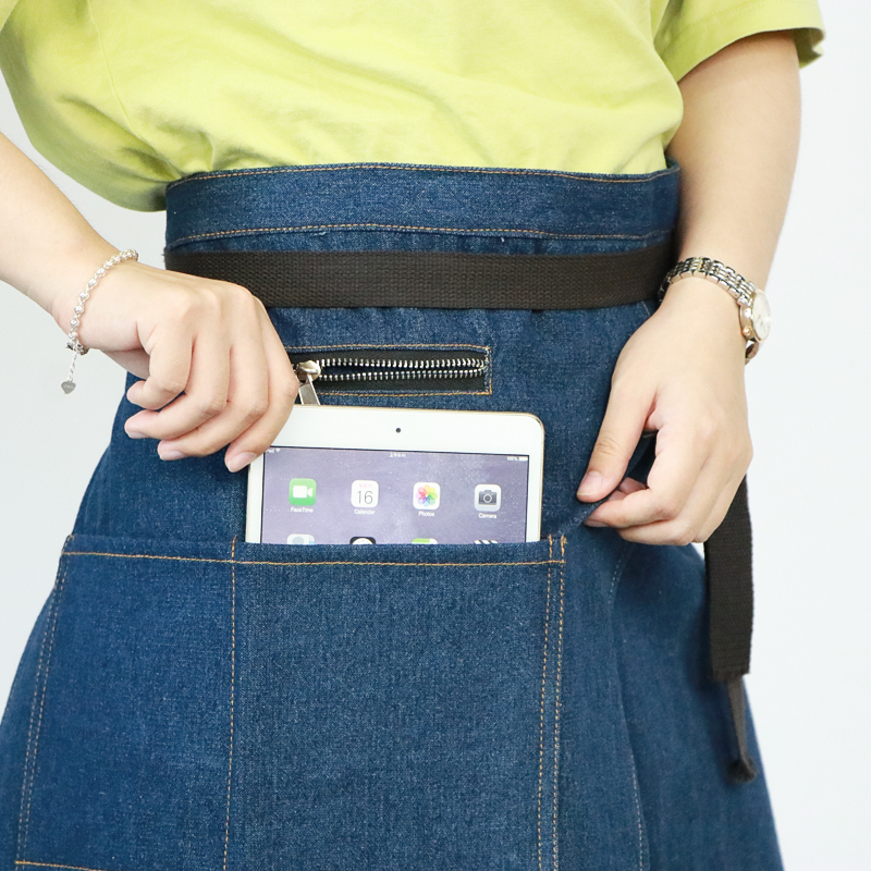 Factory Custom Polyester Cotton Blue Denim Waist Apron with Logo Printed