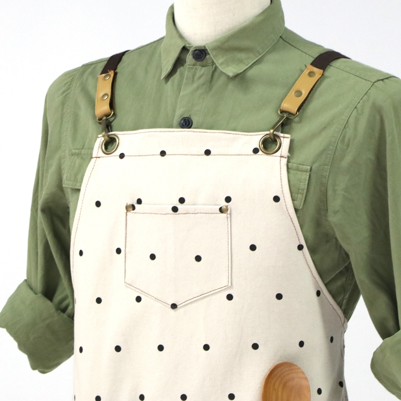 Factory Wholesale White Polka Dot Cotton Canvas Apron , Kitchen Cooking And Cleaning Work Apron