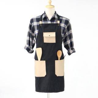 Black Cotton And PU Pocket Design Long Polyester-cotton Canvas Apron