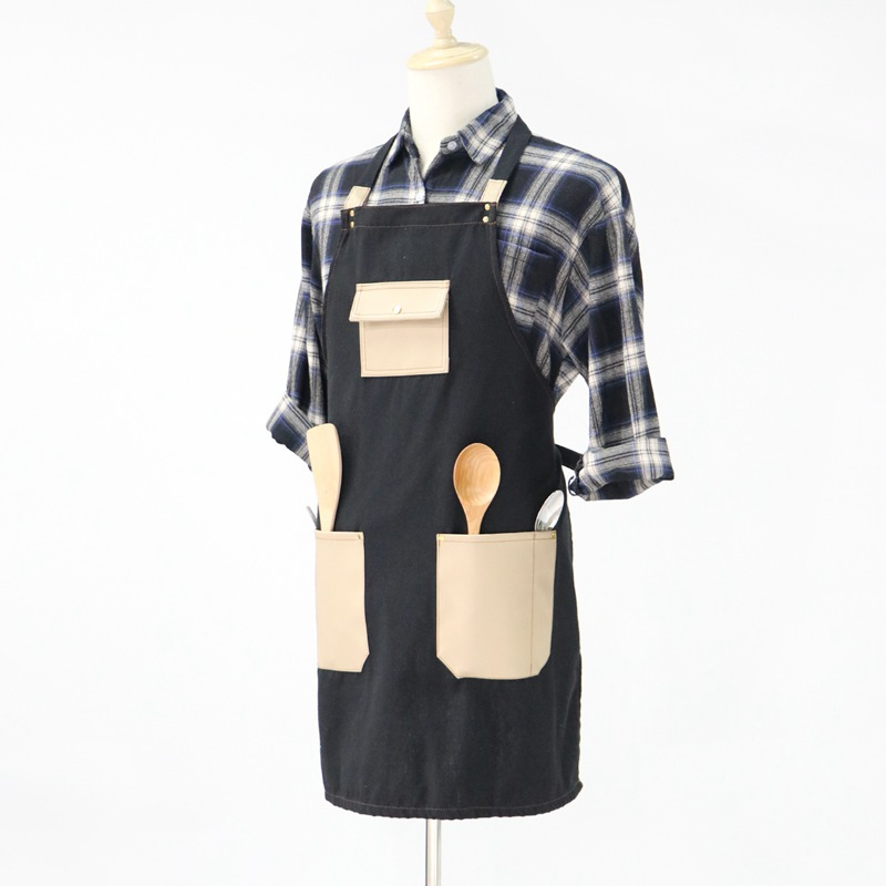 Black Cotton And PU Pocket Design Long Polyester-cotton Canvas Apron