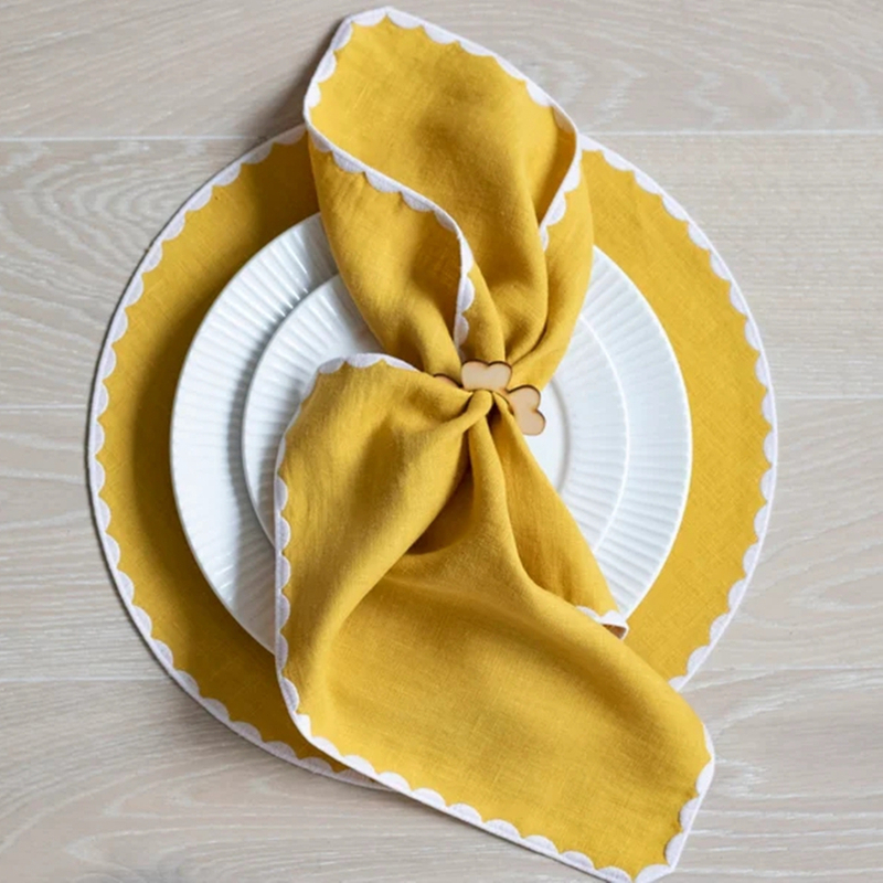 Yellow linen cloth scallop napkins wedding party table decor napkins with custom printing design logo 