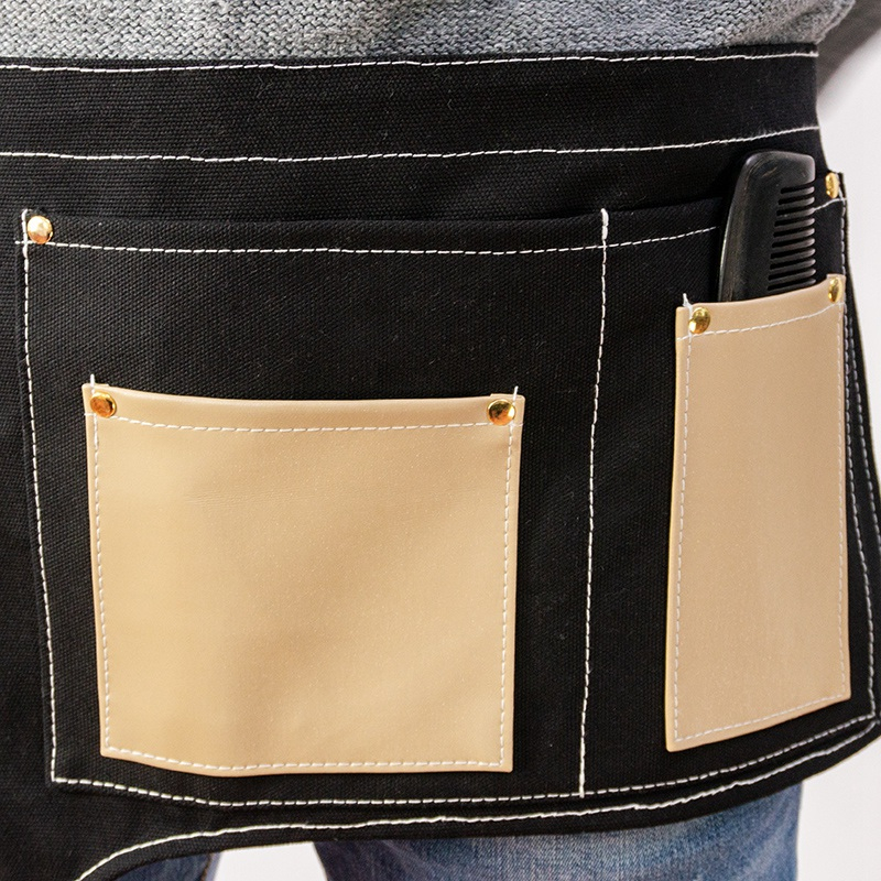 Practical canvas stitching pu half-length short tool haircut apron with pocket
