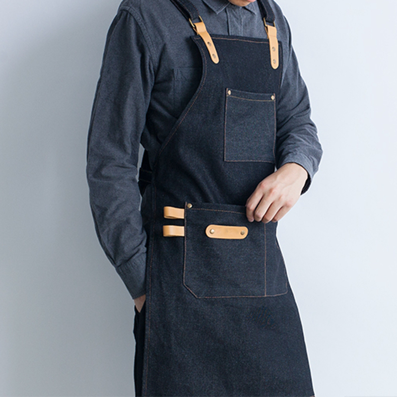 Customized restaurant coffee shop leather shoulder strap denim apron unisex home work apron
