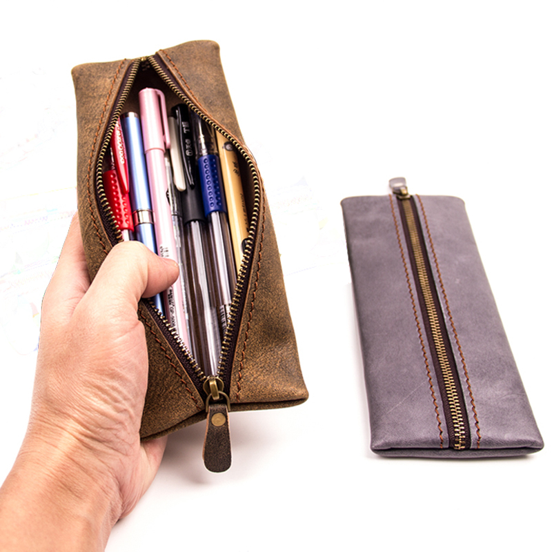 Logo printing custom high quality business office leather high end fashion pen bag with zipper