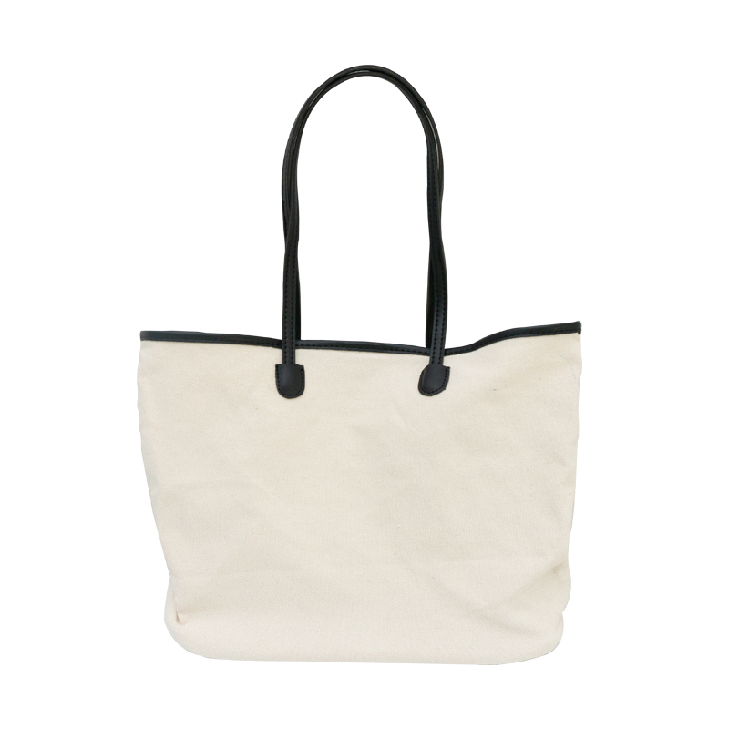 High quality reusable strong and durbale polyester cotton canvas tote shopping bag with leather handle