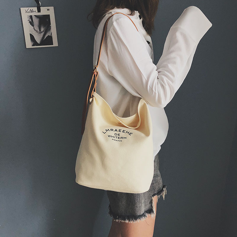 Canvas bag female single shoulder large capacity simple student bucket bag with leather strap