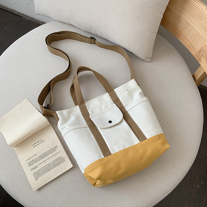 Large capacity new contrast color canvas Messenger bag female ins shoulder canvas bag casual simple tote bag