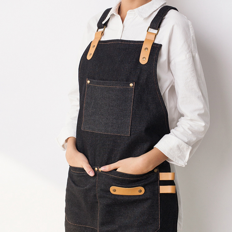 Customized restaurant coffee shop leather shoulder strap denim apron unisex home work apron