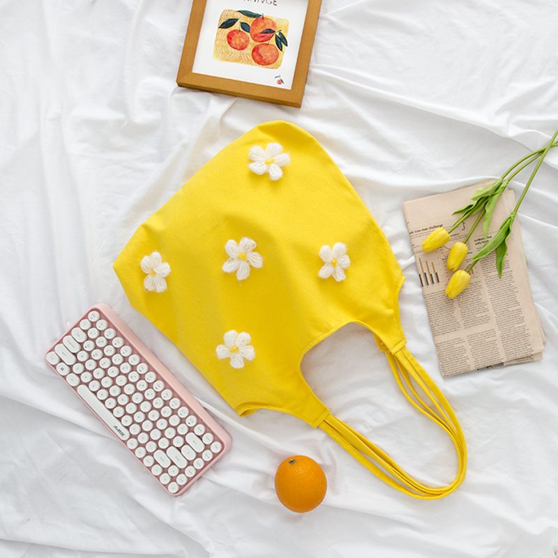 Simple personality small daisy print 12 oz thick eco friendly fabric cotton shoulder bag for women