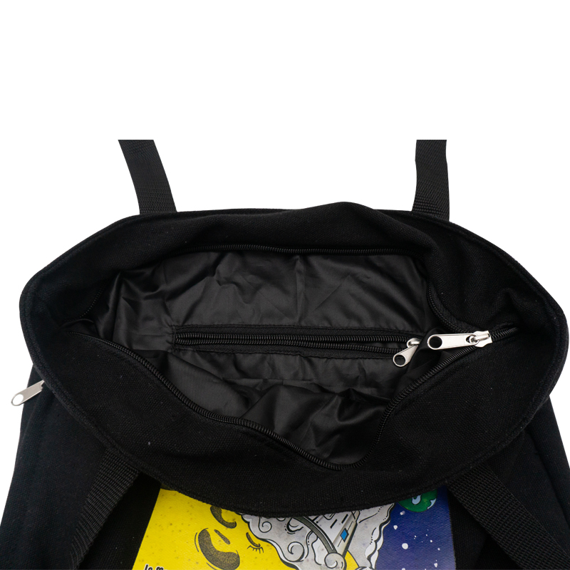 Digital cartoon printing black canvas tote shopping bag for wholesale