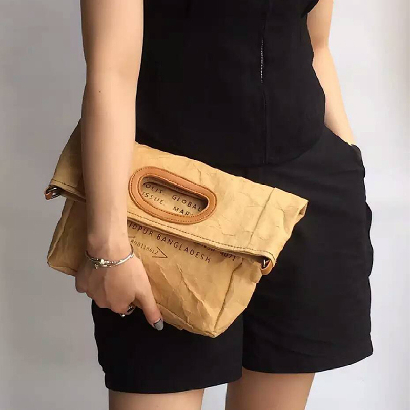 Vintage washed kraft paper tote bag folding women clutch bag waterproof diagonal cross bag