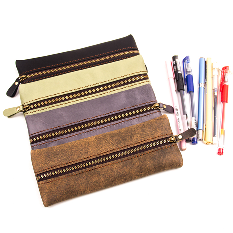 Logo printing custom high quality business office leather high end fashion pen bag with zipper
