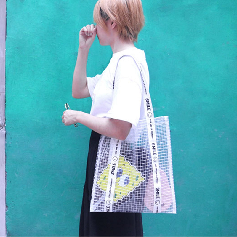 Grid transparent shoulder bag Korean version of the personality tote bag PVC Messenger bag